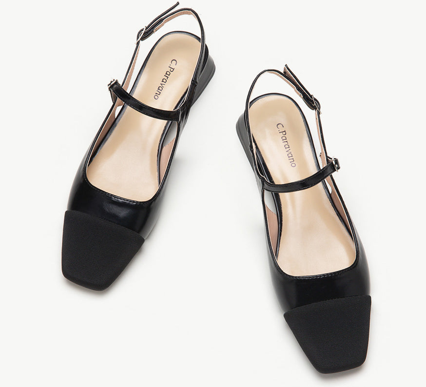 Black Slingbacks with Colorful Accents: These black flats boast a unique color block design for a modern and eye-catching appeal