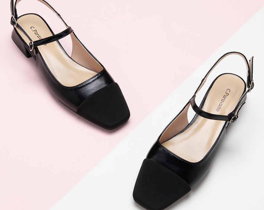 Sleek Black Slingback Flats: Step out in confidence with these elegant black slingback shoes in a trendy color block style