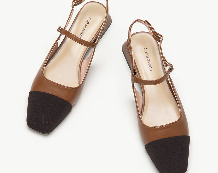 Brown Color Block Slingback Flats: A stylish pair of brown slingback flats with a contemporary color block design