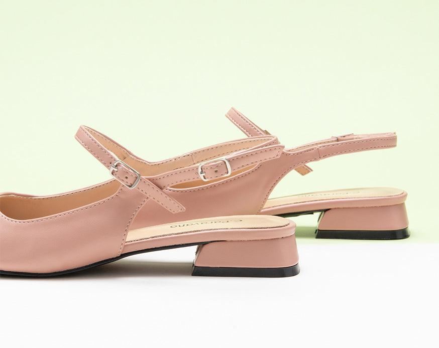 Sleek Pink Slingback Flats: Step out in style with these elegant pink slingback shoes adorned with a modern color block motif.