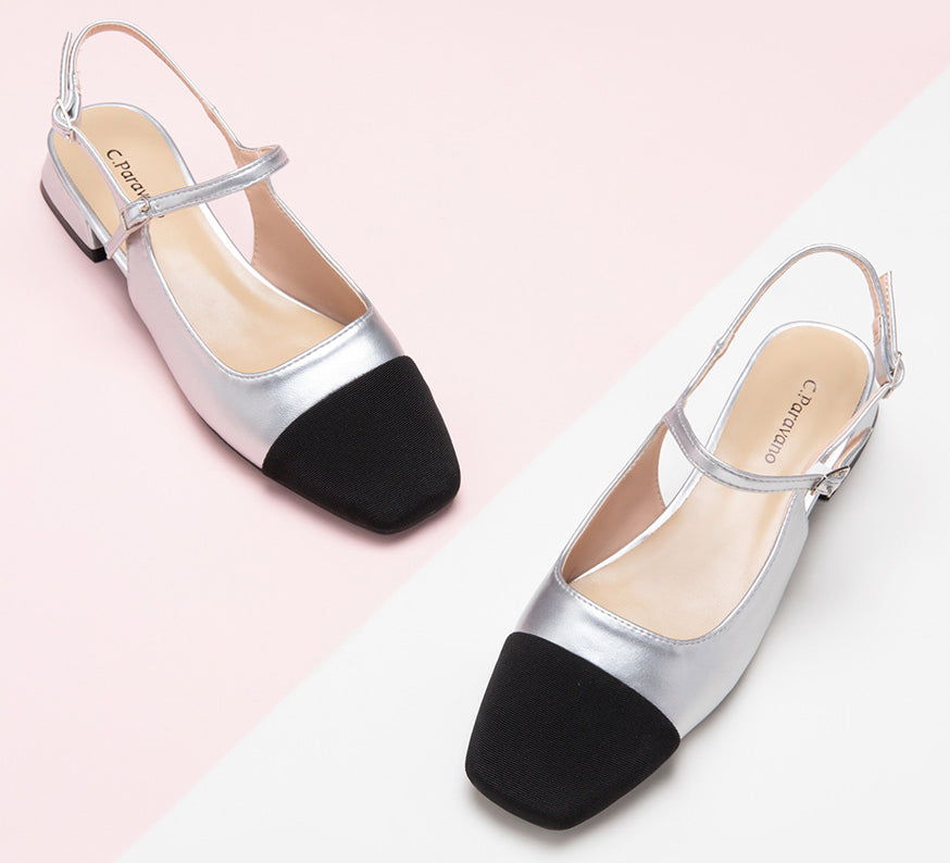 Silver Color Block Slingback Flats: A stylish pair of silver slingback flats with a contemporary color block desig