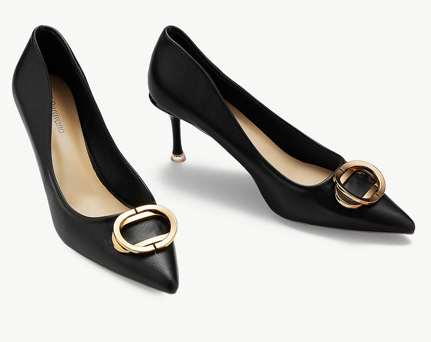 Sleek-black-pointed-toe-buckled-pumps_-offering-a-stylish-and-sophisticated-choice-for-your-footwear-collection