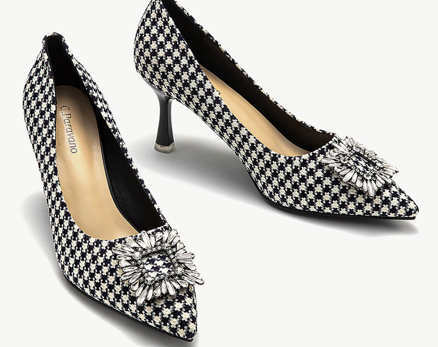 Stylish-houndstooth-tweed-pumps-with-intricate-embellishments_-offering-a-sophisticated-and-fashionable-choice-for-your-footwear-collection