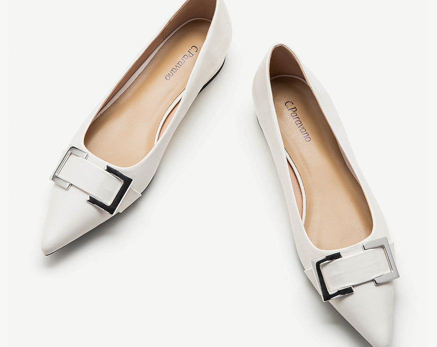 White-Metal-buckle-pointed-toe-flats-a-stylish-and-sophisticated-choice