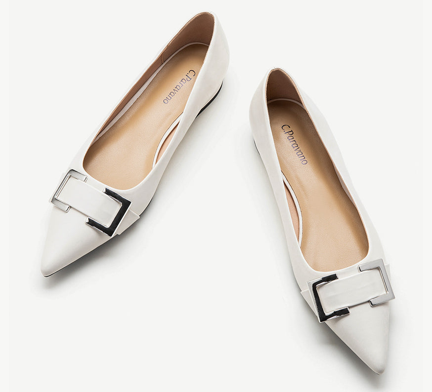 White-Metal-buckle-pointed-toe-flats-a-stylish-and-sophisticated-choice