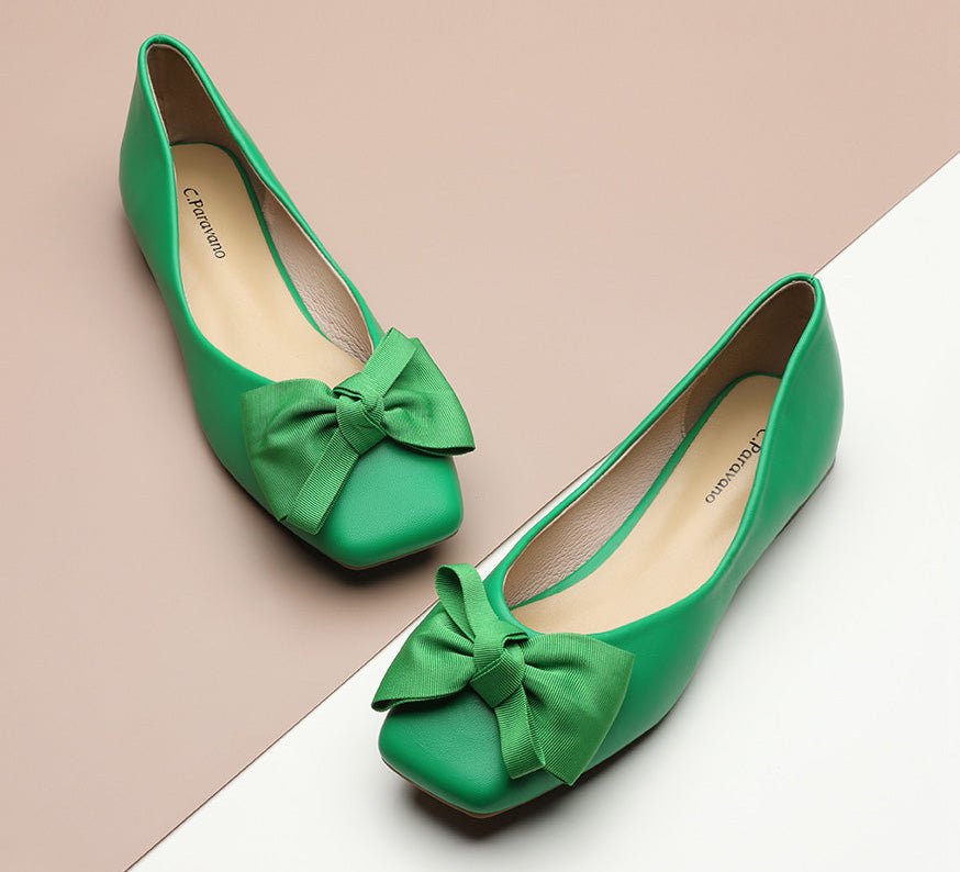 Chic Green Women's Shoes with Bowknot Square Detail