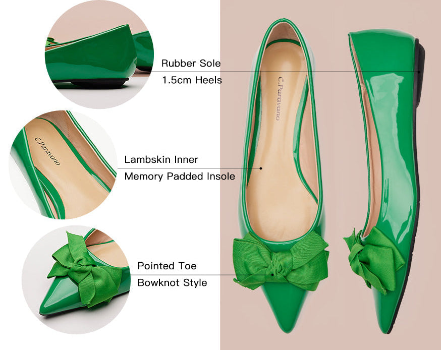 High-quality green Pointed Toe Flats in patent leather, ideal for a sophisticated look.