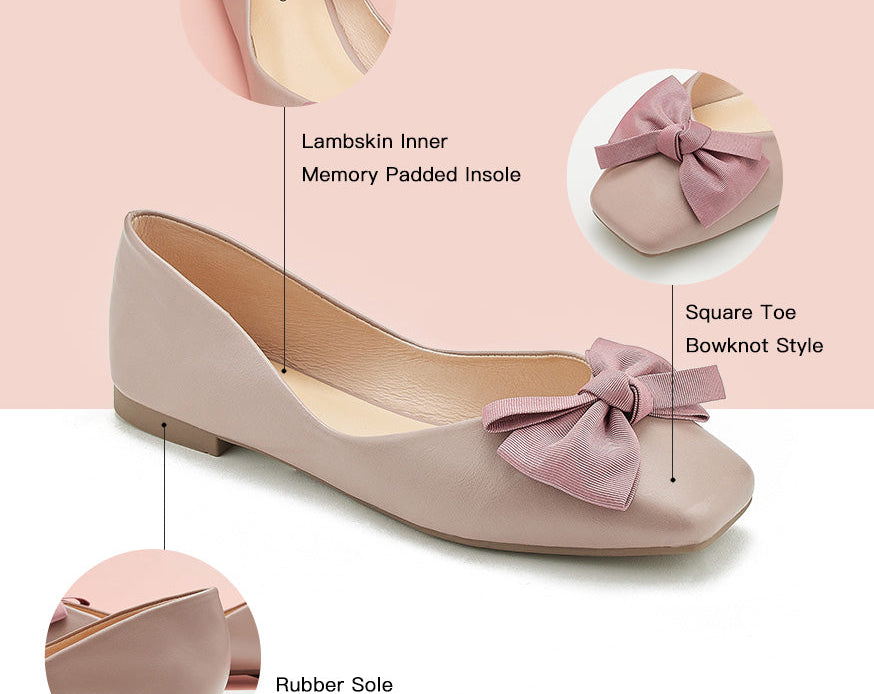 Stylish and comfortable light pink bowknot square flats, perfect for a touch of sophistication