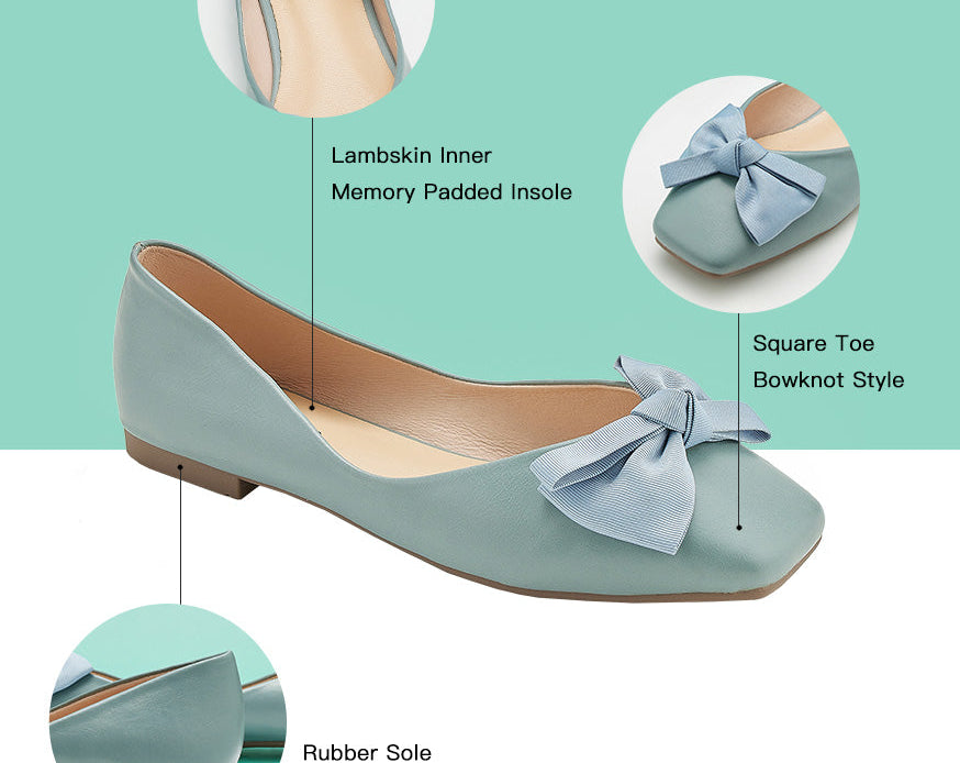 Stylish and comfortable blue bowknot square flats, ideal for a fashionable appearance