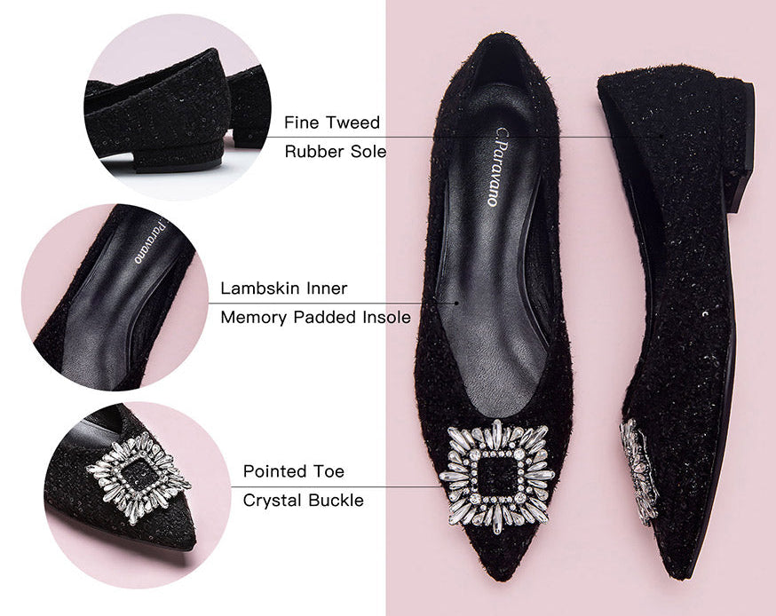 Black tweed shoes with eye-catching embellishments