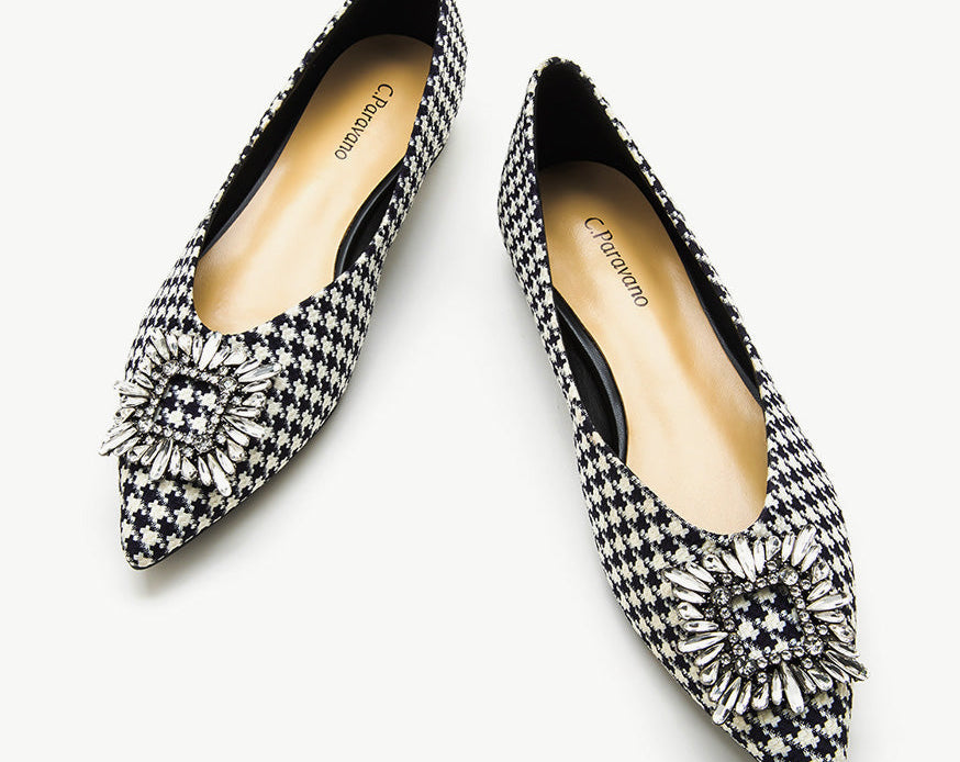 Chic houndstooth tweed flats with elegant embellishments