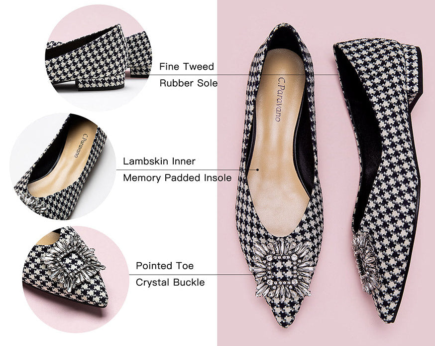 Stylish houndstooth tweed shoes with eye-catching embellishments