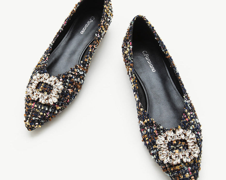 Stylish embellished tweed flats for a touch of elegance